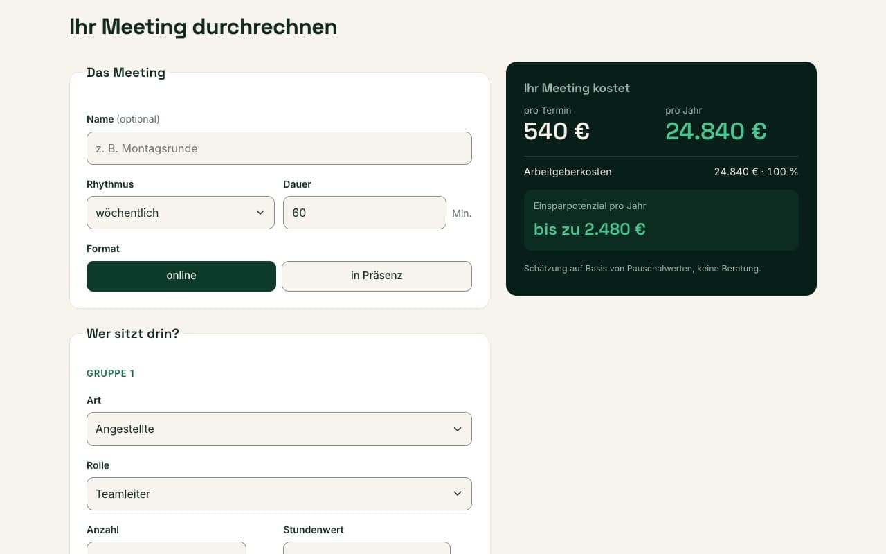 Screenshot: Meeting-Kosten-Rechner (Ansicht 2)
