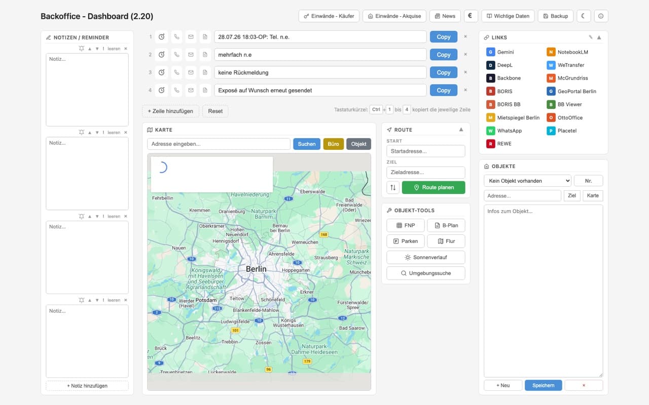 Screenshot: Back office dashboard