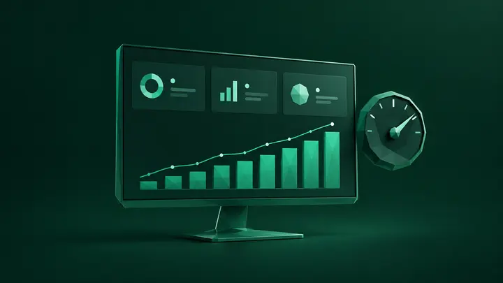 Low-Poly-Illustration: Bildschirm mit Kennzahlen, Balkendiagramm und Tachometer