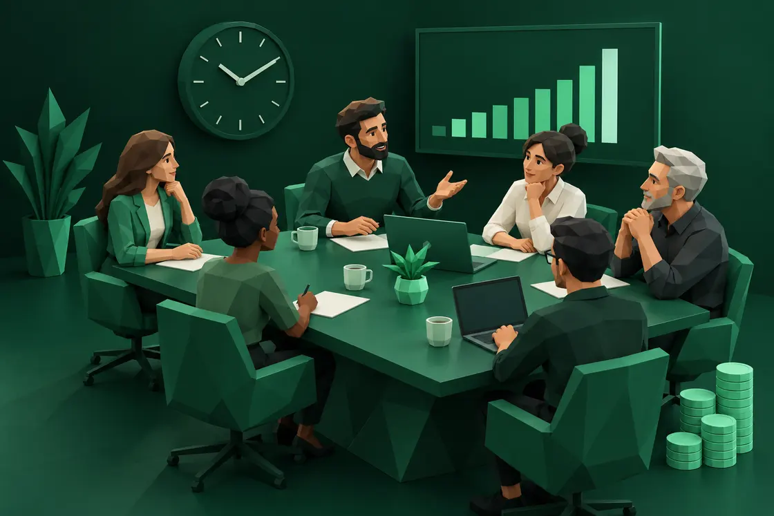 Illustration im Low-Poly-Stil: sechs Personen in einer Besprechung, an der Wand eine Uhr und ein Diagramm mit steigenden Balken, neben dem Tisch Münzstapel