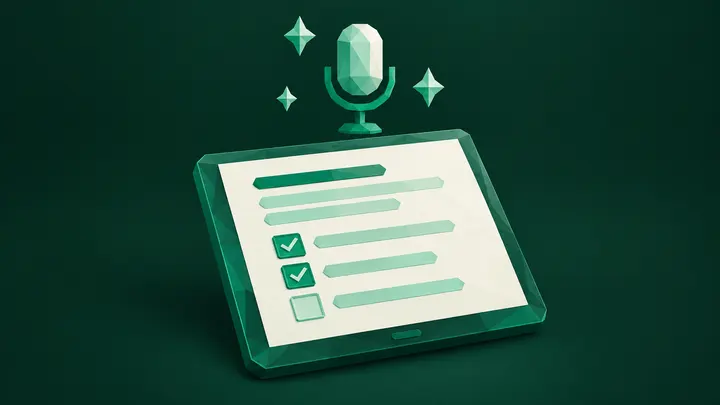 Low-Poly-Illustration: Tablet mit Protokoll und abgehakter Aufgabenliste, darüber ein Mikrofon