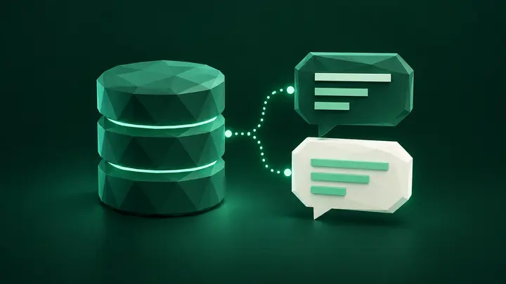 Low-Poly-Illustration: Datenbank, verbunden mit zwei Chat-Sprechblasen